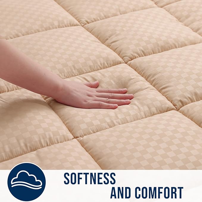 OLANLY Twin XL Quilted Fitted Mattress Pad, Elastic Fitted Mattress Topper, Cooling Soft Mattress Cover Stretches up to 21 Inches Deep, Machine Washable Mattress Protector (39x80 inch, Beige)
