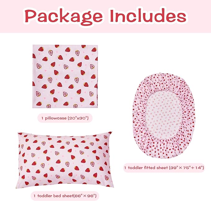 Pink Strawberry Printed Kids Sheet Set Twin Size, 3 Pcs Breathable & Silky Soft Microfiber Kids Fitted Sheet, Bed Sheets with 15" Deep Pocket for Boys and Girls