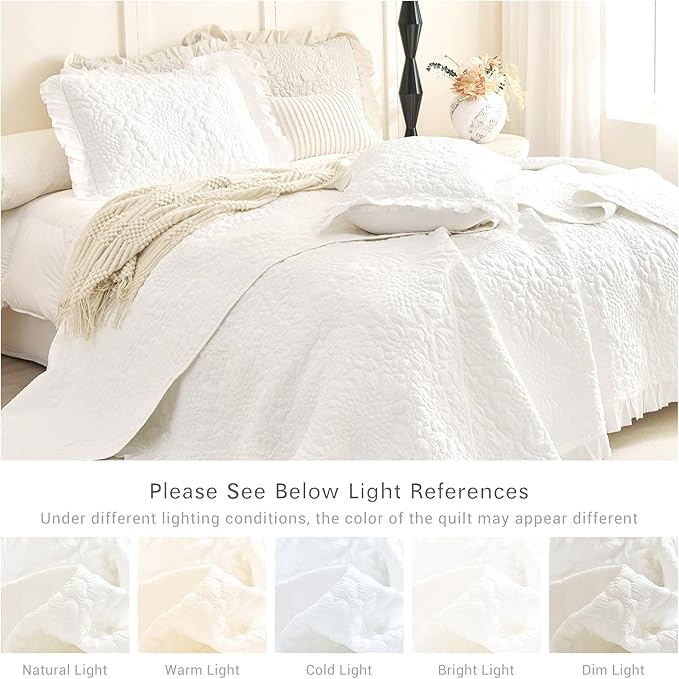 Lady Ann Cream White Oversized King Quilt Set, Stone-Washed Ruffle Oversized King Bedspreads 128x120 for Bed, Lightweight 3 PCS Quilted Crinkled Coverlet Farmhouse Rustic Shabby Bedding Set All Season