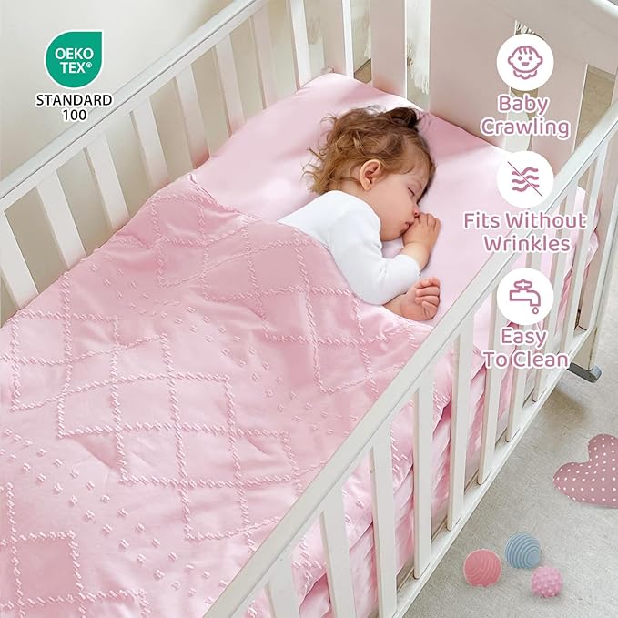 Wowelife Boho Mini Crib Bedding Set for Girls, 3 Piece Tufted Jacquard Ruffle Fringe Baby Girl Crib Bedding Set Newborn, Infant & Nursery with Comforter, Crib Fitted Sheet and Crib Skirt, Pink