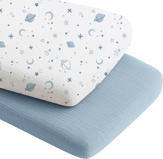 Konssy 2 Pack Muslin Bassinet Sheets for Boys, Girls, 100% Cotton Soft Breathable Fitted Bassinet Mattress Sheet, 33 x 21 inches (Star,Blue)