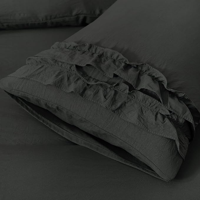 Bedorm Black Duvet Cover King Pleated Ruffled Bedding Set Shabby Chic Lace Ruffle Fringe French Country Room Decor Super Soft Cozy Black Boho Duvet Cover Sets