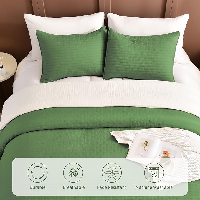 Lady Ann Oversized Queen Quilt Set,3 Pcs Olive Green Oversized Queen Bedspreads 100x106 for Bed, Lightweight & Soft Farmhouse Coverlet All Season Extra Large Quilted Bedding Sets