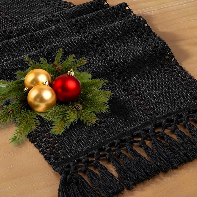 Socomi Boho Table Runner Easter Spring Farmhouse Rustic Dining Kitchen Centerpiece Decor Small Macrame Woven Cotton Linen Coffee Table Runner for Dresser Scarf Home Decor 12x48 inch Black