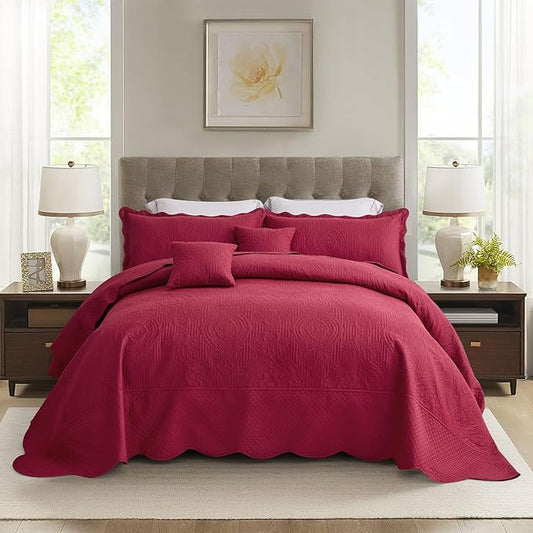 HZ & HY Oversized King Bedspread, Ultrasonic Coverlet Bedding Set, Lightweight Thin Comforter, Reversible, 5 Piece, 100% Microfiber, Wine Red