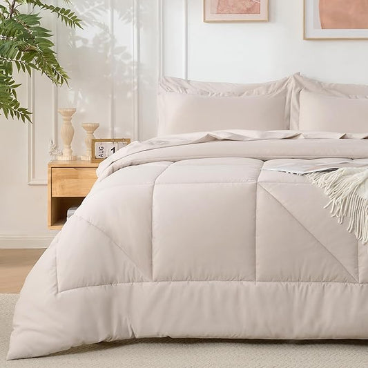 7 Pieces Full Comforter Set - Utral Soft Microfiber Bedding Set, Thick Duvet Insert Bed in a Bag Without Rustling Noise for All Season, Beige (82"x86")