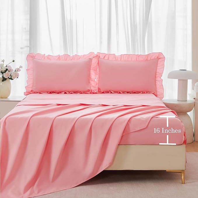 ANGIYUIN 5 Pieces Ruffle Full Bed in A Bag with Sheets Coral Pink Farmhouse Elegant Comforter Set for Girls Teens Shabby Chic All Season Bedding Sets(Coral Pink Full)