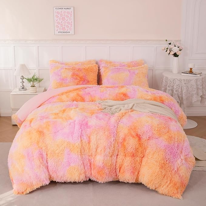 PERFEMET Orange Fluffy Comforter Queen Size 3 Pieces Colorful Faux Fur Shaggy Bedding Set Girls Teen Tie Dye Furry Bedding Ultra Soft Comfy Velvet Plush Bed Set(Orange Pink, Queen)
