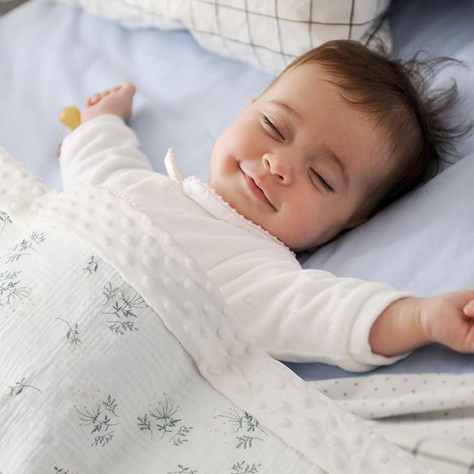 Cotton Muslin Front Fluffy-Backed Baby Swaddle Blankets Double Layer Nursery Plush Dotted Fleece Back Receiving Bed Quilt Blanket for Unisex Newborn Toddler Boys Girls 30 x 41 Inches