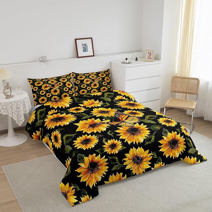 Feelyou Sunflower Bedding Set Girls Yellow Floral Butterfly Comforter Chic Flowers Pattern Comforter Set for Kids Teens Botanical Nature Duvet Set Ultra Soft Room Decor Toddler Size…
