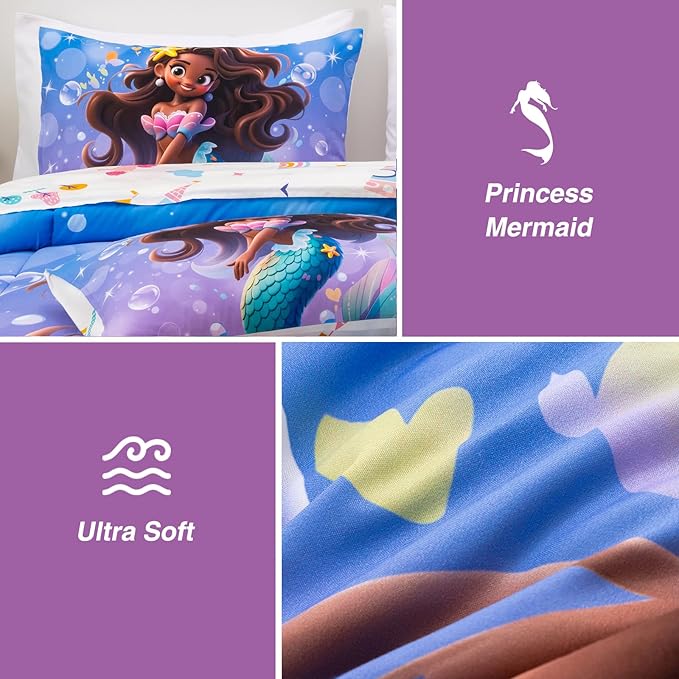 A Nice Night Mermaid Wearing Starfish Hair Accessory Queen Comforter Set for Girls, Ocean Theme Queen 6-Piece Bed in a Bag with Sheet Set & Pillowcases