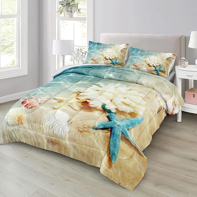 Bedbay Coastal Beach Comforter Set Queen Bedding Beach Theme Comforter Coastal Bedding Set Ocean Quilt Comforter Set Beach Decor Soft Microfiber Lightweigh Summer Quilt (Coastal,Queen)