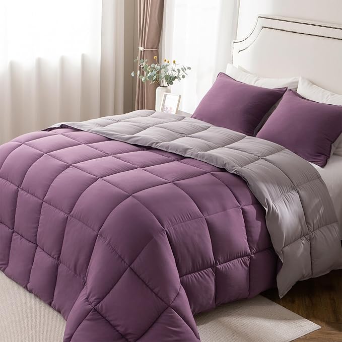 KASENTEX California King Comforter Set – Reversible Dual Color – Goose Down Alternative – Ultra-Soft, Lightweight, Machine Washable, Maintain Fluffiness, All Season Warmth (Grape Jam/Gull)