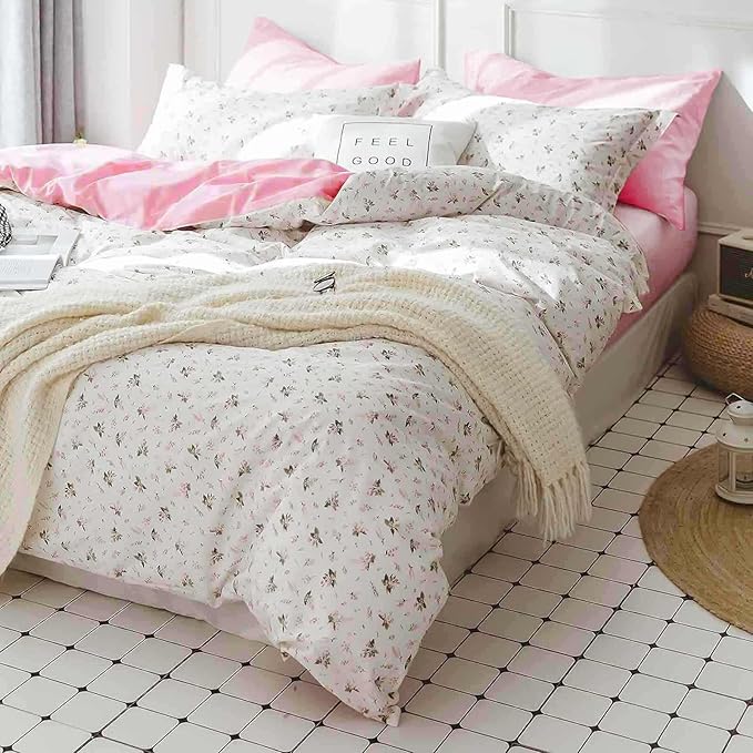 7 Pcs Queen Size Comforter Set with Sheets, Pink White Floral Pattern Printed Preppy Decor Reversible Bed Sets - 90 x 90 Soft Microfiber Flower Duvet Cottage Vintage Bedding in a Bag for Women Men