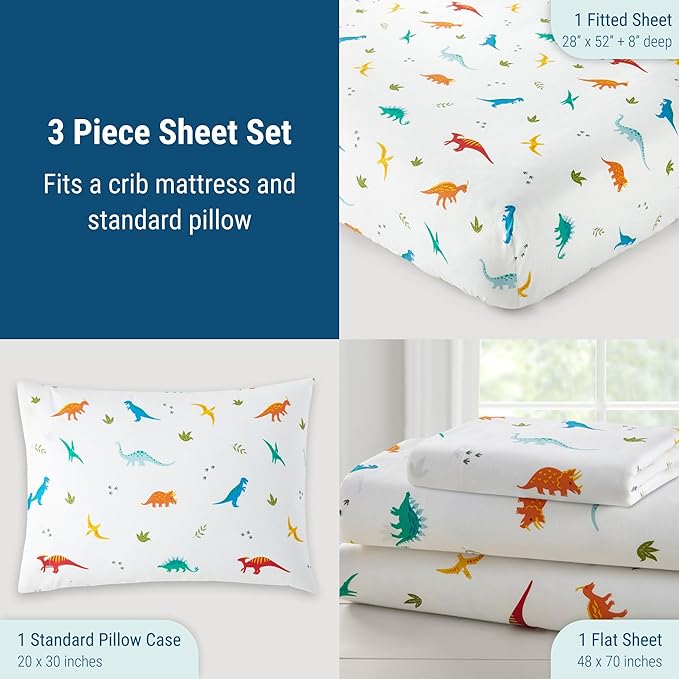 Wildkin 100% Cotton Toddler Sheet Set – Soft & Cozy Bed Sheets - Jurassic Dinosaurs
