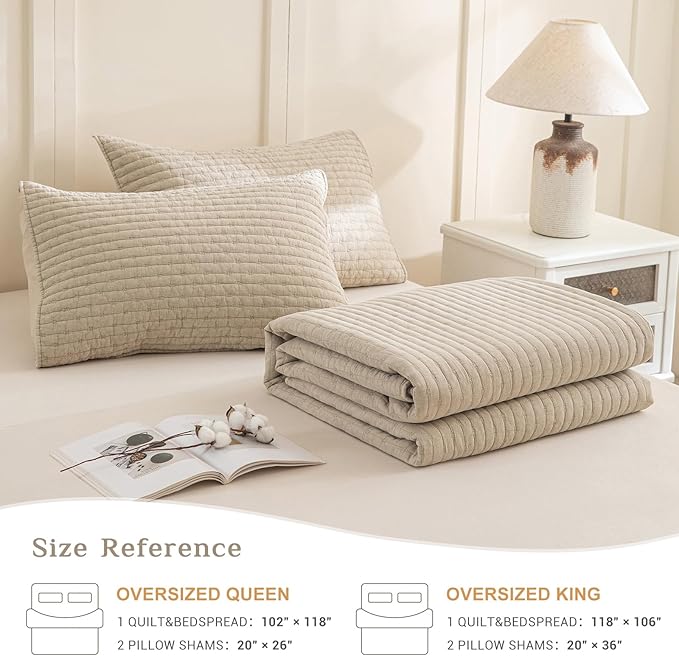 CozyTide Oversized Queen Bedspread 102"x118",Wheat Stone-Washed Cotton Lightweight Oversized Queen Quilt,3 Pieces Extra Large Modern Boho Coverlet Set Ultra Soft