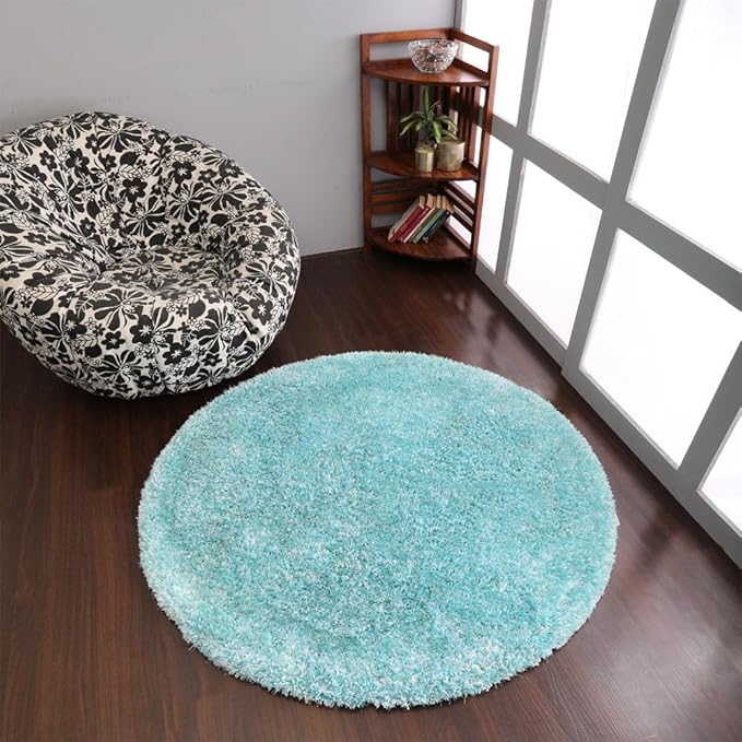Hand Tufted SHAG Polyester ECO-Friendly Area Rugs - 10'x10', Round, Turquoise White, Solid Plain Design, High Pile Thick Handmade Anti Skid Rugs for Living Room K00111