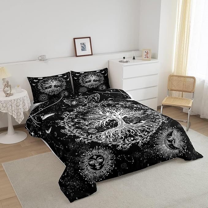 Feelyou Sun and Moon Comforter Bohemian Tree Butterfly Style Bedding Set Psychedelic Hippie Comforter Set for Boys Girls Children Teens Bedroom Decor Galaxy Astrology Duvet Set Toddler Size