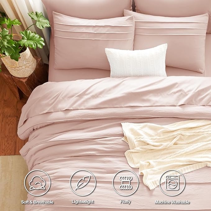 CozyLux Queen Comforter Set Pink, 7 Pieces Soft Pinch Pleat Bed in a Bag Queen Comforter Set with Sheets, Boho Bed Set with Down Alternative Comforter, Sheets, Pillowcases & Shams