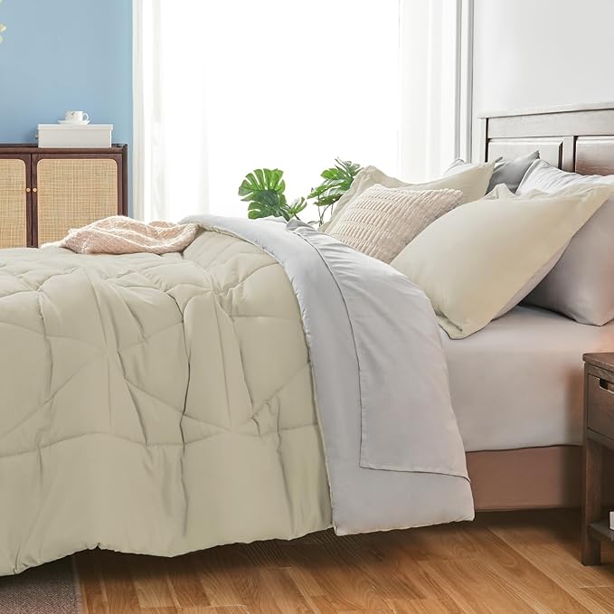 BEDELITE Queen Comforter Set 7 Pieces Bed in A Bag - Soft Microfiber Reversible Oatmeal Bed Set with Comforters, Sheets, Pillowcases & Shams, Cozy Luxury Bedding Sets for All Season
