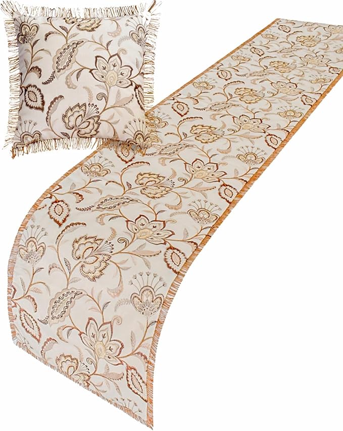 The HomeCentric King/Queen/Twin Beige Decorative Bed Runner Full 68"x18" Bed Runner Without Pillow Cover, Floral, Pearl, Jute Lace, Embroidery Bed Scarf on Cotton Fabric - Floral Luster