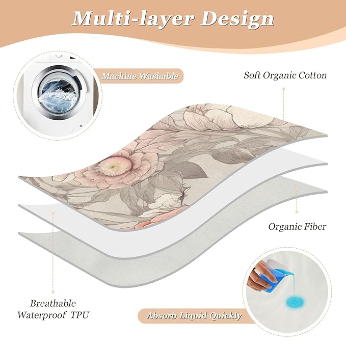 Waterproof Bed Pad Reusable Changing Pad Toddler Mattress Protector Large Pee Pad Baby Diaper Pad Soft Washable Liner White Peony Bird