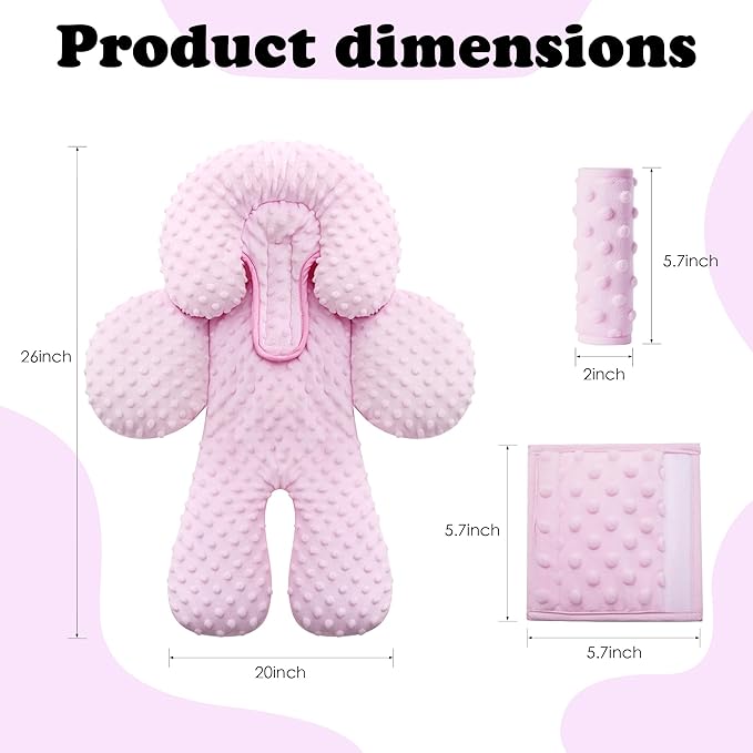 Pro Goleem Infant Car Seat Head Neck Body Support, Ultra-Soft Minky and Microfiber Car Seat Strap Pads, Perfect for Stroller, 2-in-1 Reversible, Girls, Pink