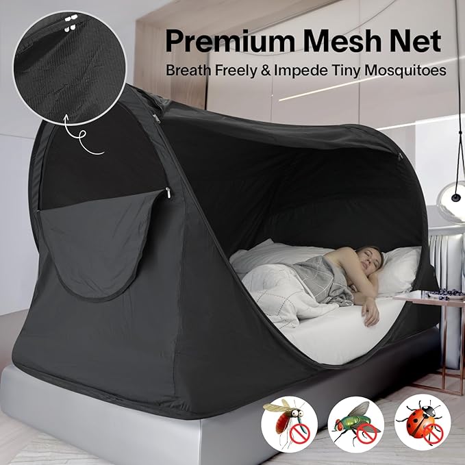 Alvantor® Pop Up Bed Tent Full No Assembly, Full Size Bed Canopy Blackout and Breathable Mesh Sleeping Tent Lightweight Portable Dream Tent with Carry Bag Dream Tent for Kids and Adults- Black