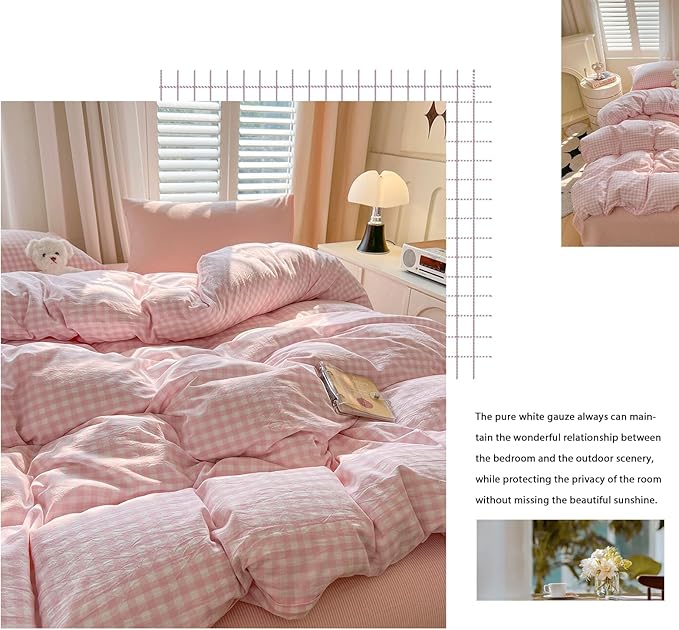 VM VOUGEMARKET Aesthetic Pink Plaid Duvet Cover Set, Soft Washed Cotton Bedding Set, Minimalist Gingham Bed Set with Pillowcases,Cozy Bedroom & Dorm Decor for Teen Girls & Students, King Size