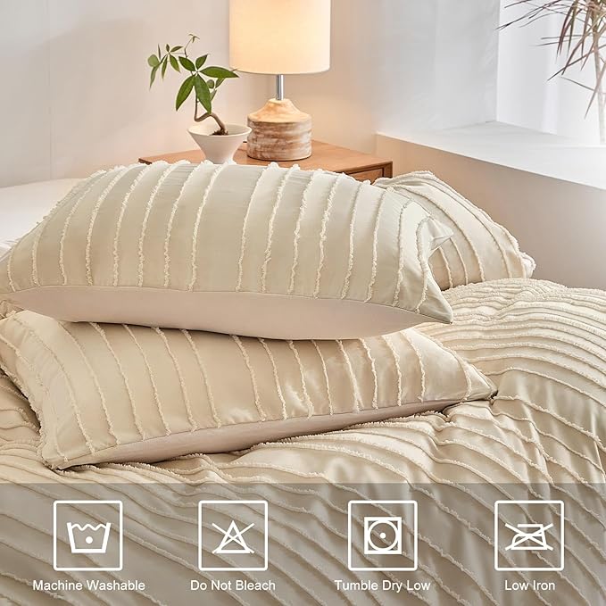 WARMDERN Khaki Boho Duvet Cover Twin Size, Striped Textured Duvet Cover Tufted Bedding Set, 2 Piece Washed Microfiber with Zipper Closure & Corner Ties(Twin, Khaki)