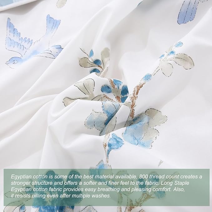 URBONUR 100% Egyptian Cotton Duvet Cover Twin Size 3 Piece Floral Comforter Cover Sets Flowers Plum Blossom Printed Bed Sets Soft Smooth & Cooling Bedding Set, Blue