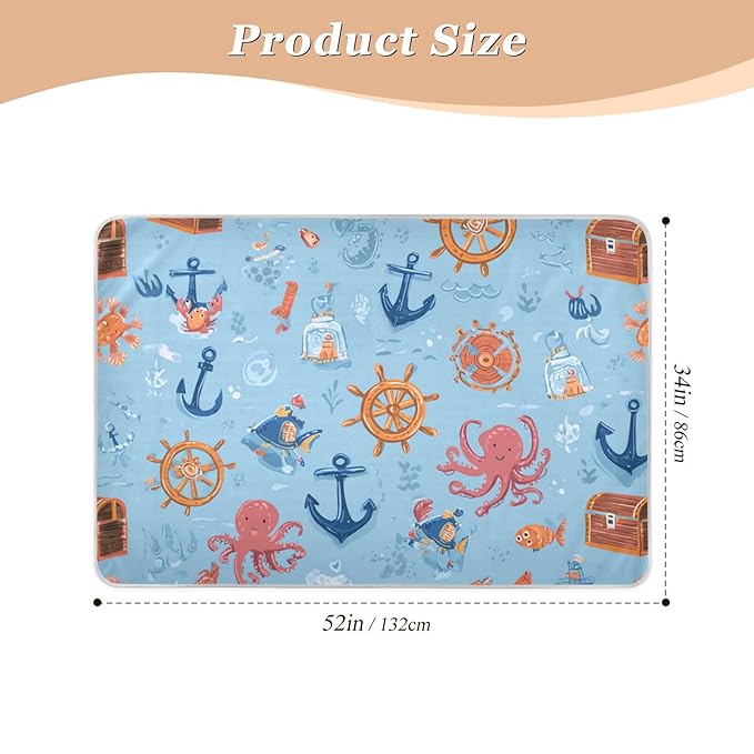 Waterproof Bed Pad Reusable Changing Pad Toddler Mattress Protector Large Pee Pad Baby Diaper Pad Soft Washable Liner Blue Pirate Treasure Box Anchors Octopus