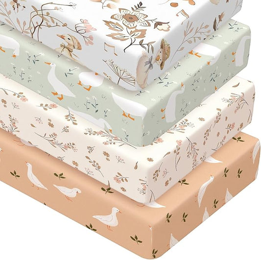 Peryiter 4 Pack Crib Sheets Girl Soft Baby Bed Sheet Set 52'' x 28" Nursery Crib Sheets for Standard Bed for Nursery Decor Baby Boys or Girls(Brown,Silly Goose)