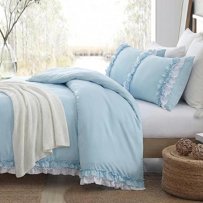 Bedrom Light Blue Duvet Cover Queen Ruffled Bedding Set Elegant Ruffle Lace Bedroom Decor Shabby Chic Farmhouse Style Blue Boho Duvet Cover Set