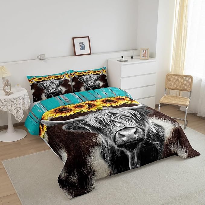 Highland Cow Bedding Sets Full Brown Cow Fur Print Comforter For Kids Boys Girls 3D Sunflowers Quilt Funny Farmhouse Animal Duvet Set Retro Woodren Board Backdrop Down Comforter,Black Brown Blue