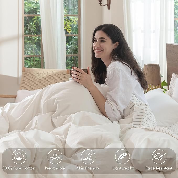 MooMee Bedding Duvet Cover Set 100% Washed Cotton Linen Like Textured Breathable Durable Soft Comfy (Solid Off White, Oversized King Plus 128"x120")