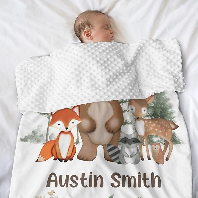 Personalized Baby Blanket, Animals Woodland Baby Blankets for Boys Girls, Super Soft Nursery Blankets with Cotton Front and Dotted Fleece Backing, Printed Bed Throws Newborn