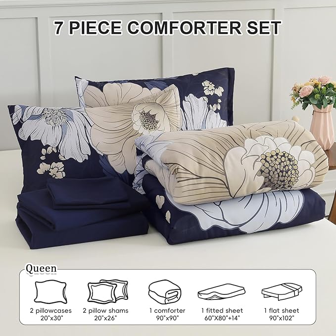 Xruibed Navy Blue Floral Comforter Set Queen Size 7 Pieces Bed in a Bag Navy Floral Comforter Flower Bedding Sets Lightweight Boho Bed Set with Sheet,Pillowcases&Shams for All Season