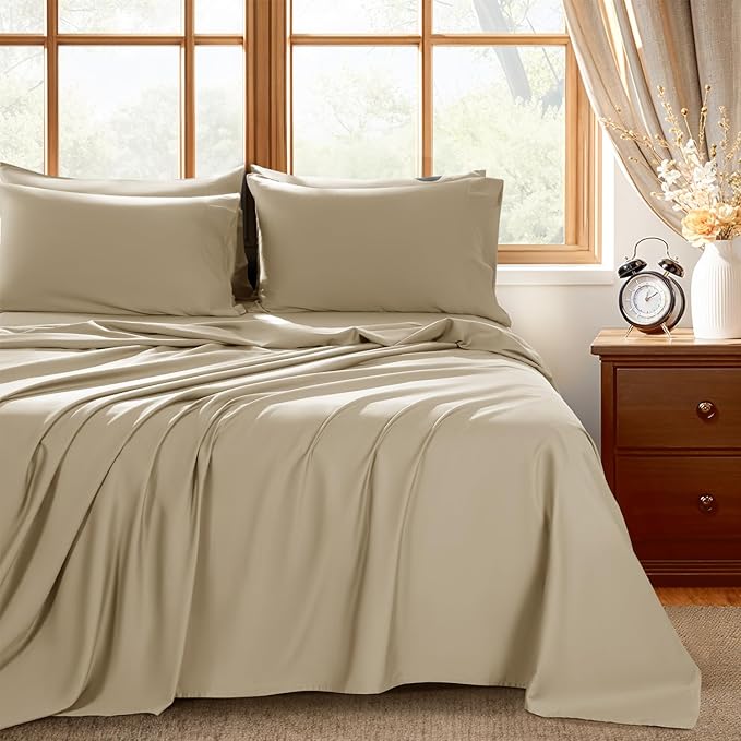 Shilucheng 100% Egyptian Cotton King Size Sheets Set - 1000 Thread Count，Luxury Cotton Bed Sheets，Breathable & Cooling Bedding and Pillow Cases, 16 Inch Deep Pocket - 6 Piece (Linen, King)