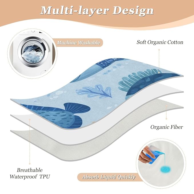 Waterproof Bed Pad Reusable Changing Pad Toddler Mattress Protector Large Pee Pad Baby Diaper Pad Soft Washable Liner Blue Turtle Fish Crabs