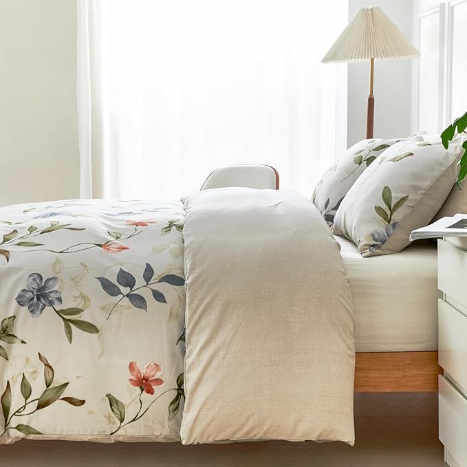 Lekesky Boho Duvet Cover Queen Size, Queen Comforter Cover White Floral Printed Duvet Cover Set, 3 Pieces Soft Microfiber Bedding Set with Zipper and 2 Pillowcases (Queen, 90"x90")