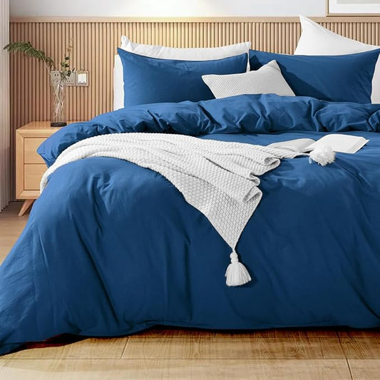 NEXHOME PRO Duvet Cover Set 100% Washed Cotton Oversized King 120"x98" Linen Feel Textured Organic 3 Pieces Bedding Set with Zipper Closure and Corner Ties, Breathable (Navy Blue, No Comforter)