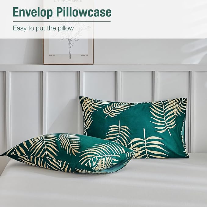 Lekesky King Duvet Cover Set, Green and Gold Tropical Palm Leaf Pattern Comforter Cover King Size, 3 Pieces Soft Microfiber Bedding Sets with Zipper & 2 Pillowcases, Comforter Not Included