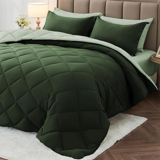 MUXHOMO 5 Pieces Twin XL Comforter Set, Reversible Bed in a Bag Twin XL Size, All Season Bedding Set with Comforter, Flat Sheet, Fitted Sheet, Pillowcases & Shams, Dark Green & Light Green