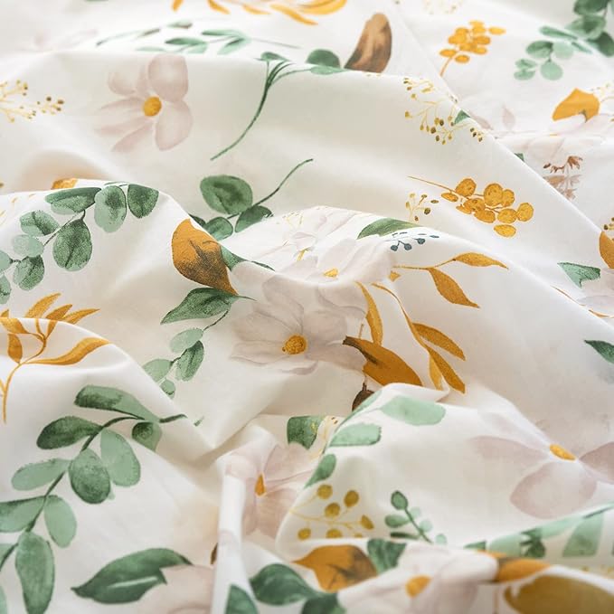 MILDLY Pattern Duvet Cover Set - 100% Washed Cotton Garden Floral Botanical Flower Leaves Bedding Set 3 Pieces Queen Size Linen Feel Breathable Comforter Cover with Zipper Ties