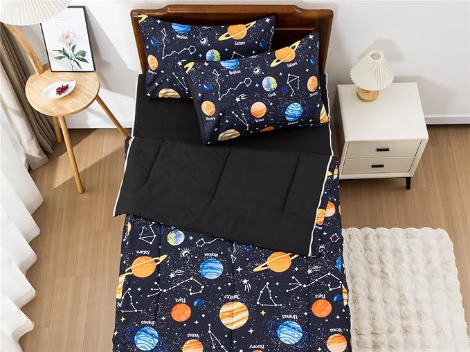 NTBED Galaxy Printed Zipper Bedding Sets Twin Lightweight Microfiber Universe Comforter Set with Fitted Sheet Pillow Covers,Navy Blue