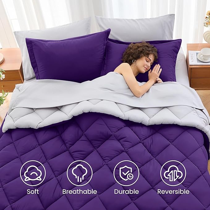 MUXHOMO 7 Pieces Queen Comforter Set, Reversible Bed in a Bag Queen Size, All Season Bedding Set with Comforter, Flat Sheet, Fitted Sheet, Pillowcases & Shams, Purple & Lavender