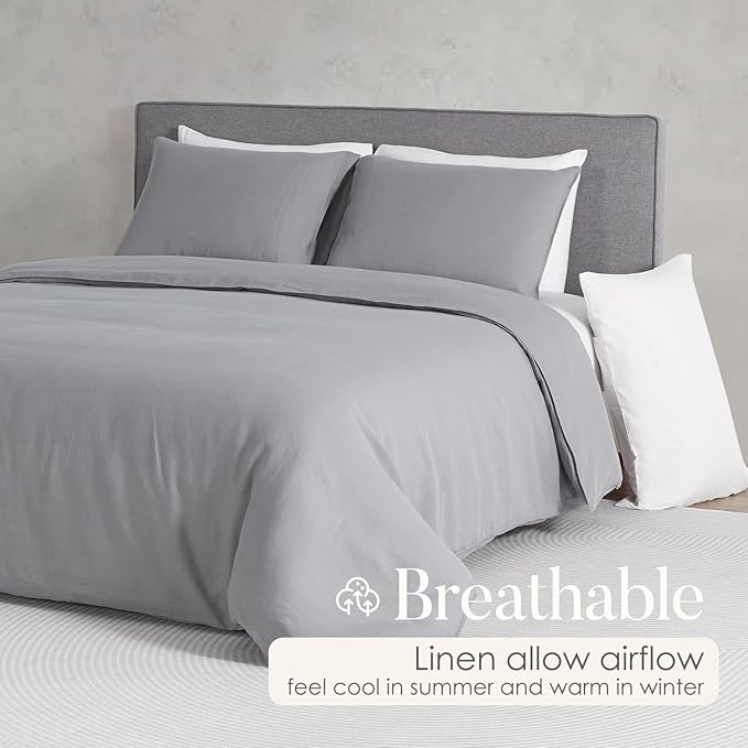 DAPU 100% Linen Duvet Cover Set - Pure Natural French Flax Linen with Corner Ties and Zipper Closure Soft Breathable Durable for Hot Sleepers 1 Duvet Cover 2 Pillowcases (Earl Gray, King)