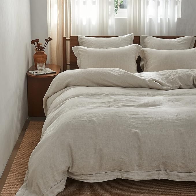 Simple&Opulence 100% Washed Linen Duvet Cover with Embroidered, 3 Pieces Soft Farmhouse Comforter Set with Button Closure,1 Duvet Cover and 2 Pillowshams (California King,Natural Linen)