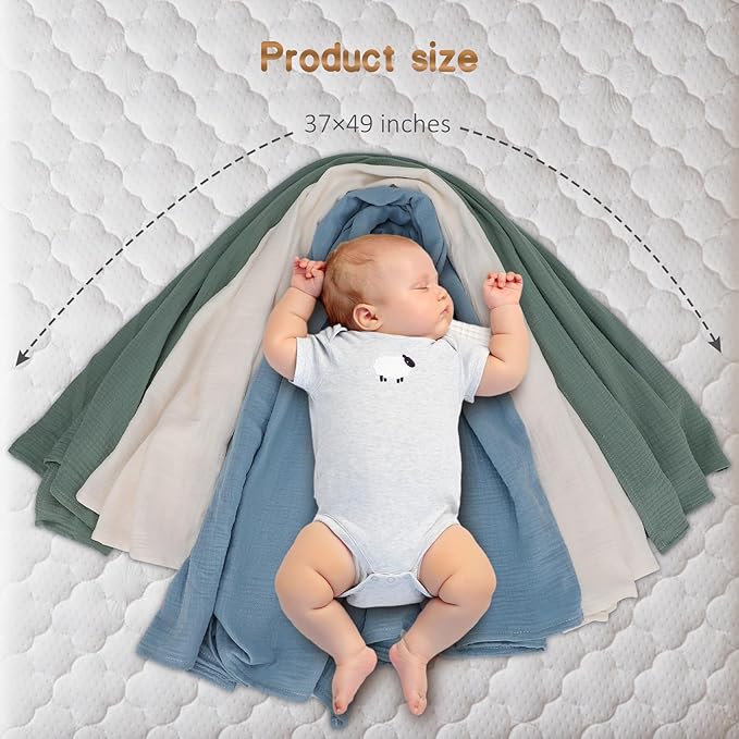 Baby Muslin Swaddle Blankets for Boys and Girls, 3-Pack Soft and Breathable Cotton Swaddles, Large 37 x 49 inches Receiving Blankets, Essentials for Newborns, Unisex 004